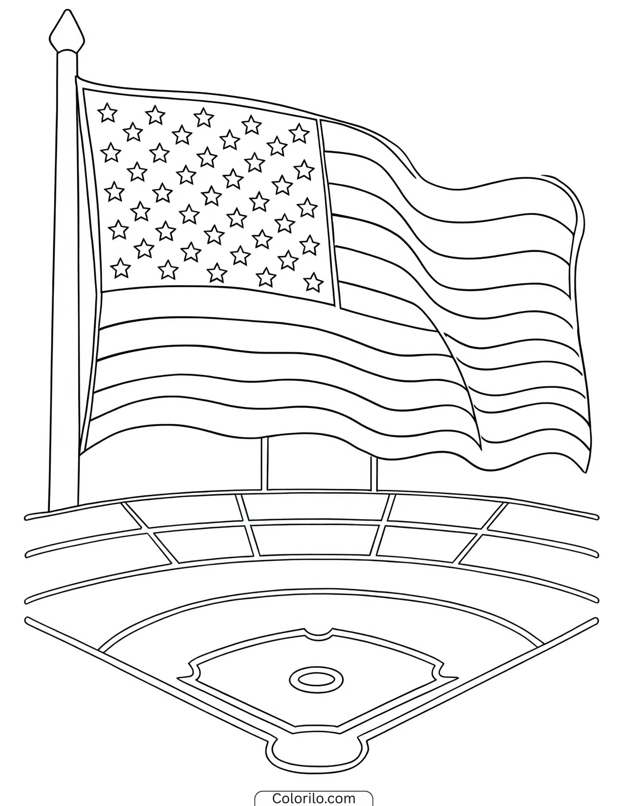 American flag flying over a baseball field coloring page
