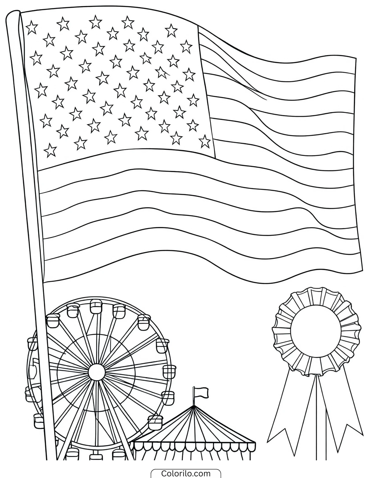 American flag above a carnival fairground coloring page