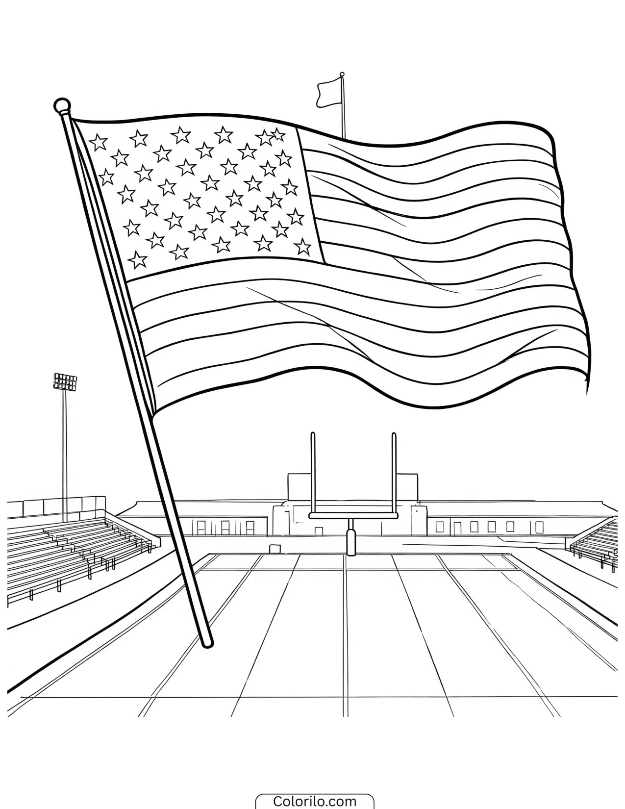 American flag above a football stadium coloring page