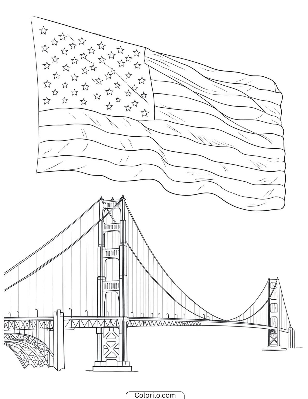 American flag flying over the Golden Gate Bridge coloring page