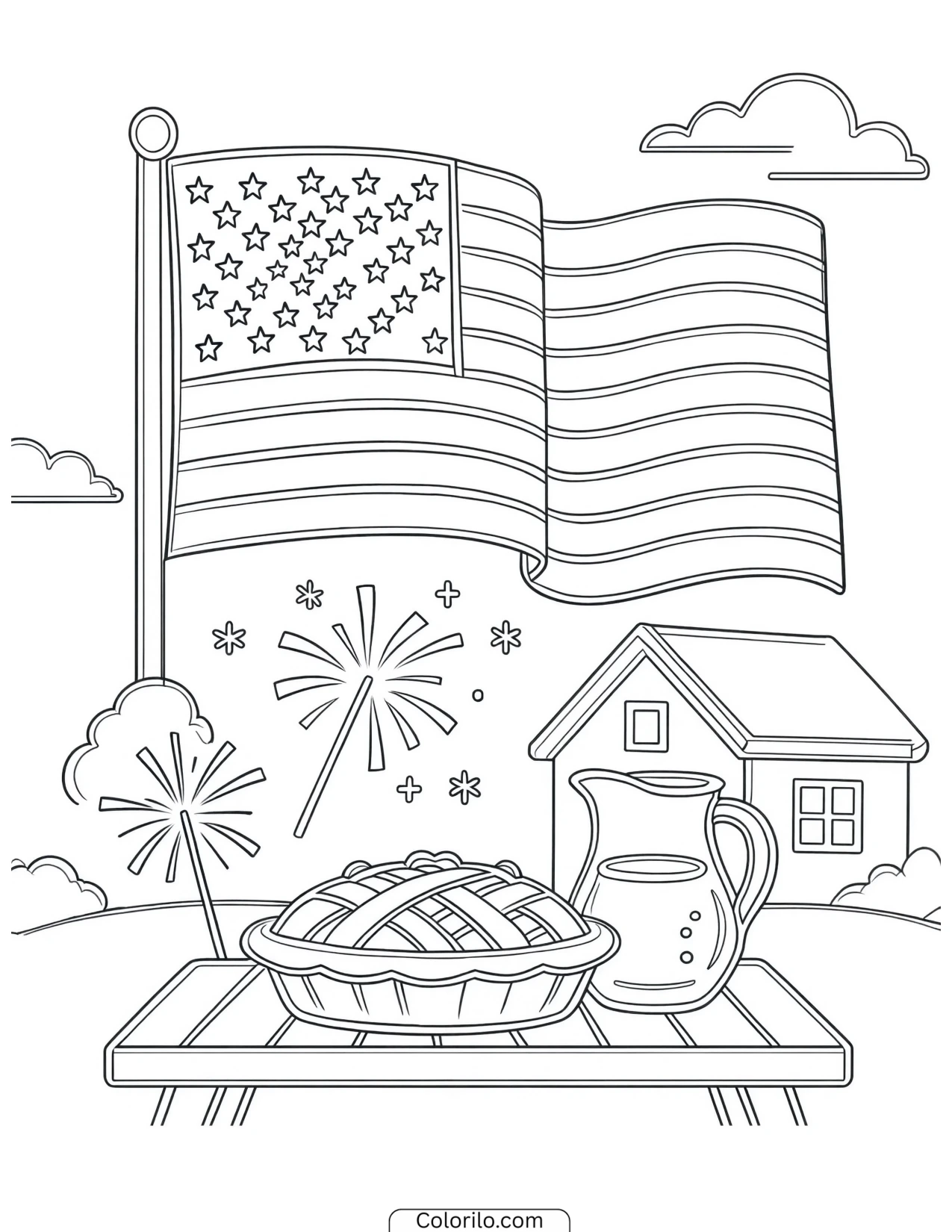 American flag with a pie and fireworks coloring page