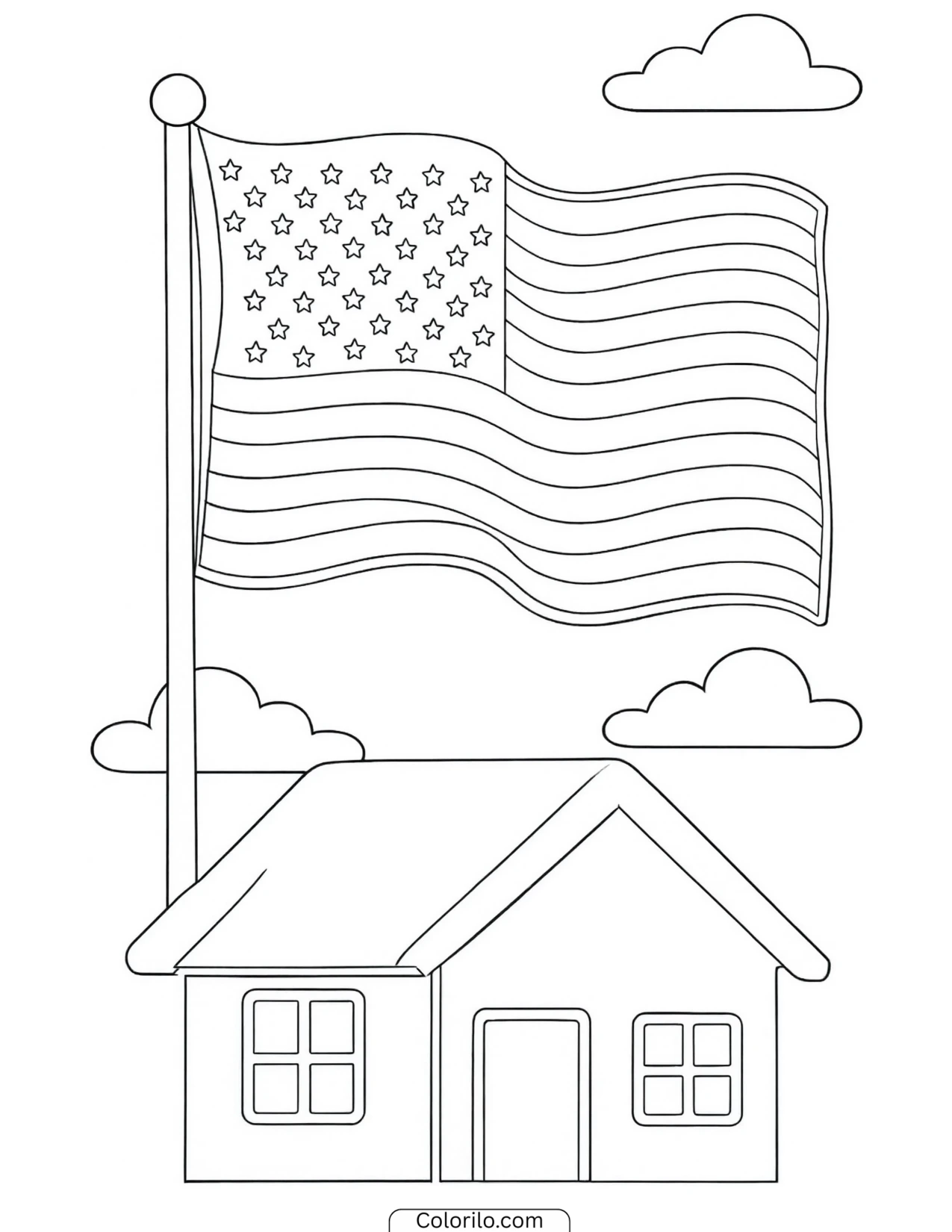 American flag waving above a family home coloring page