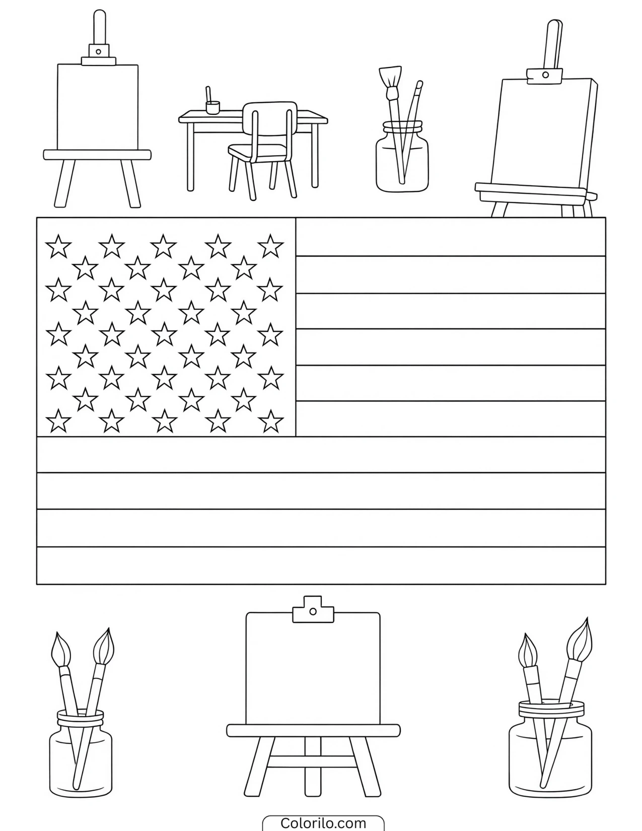 American flag surrounded by art supplies coloring page