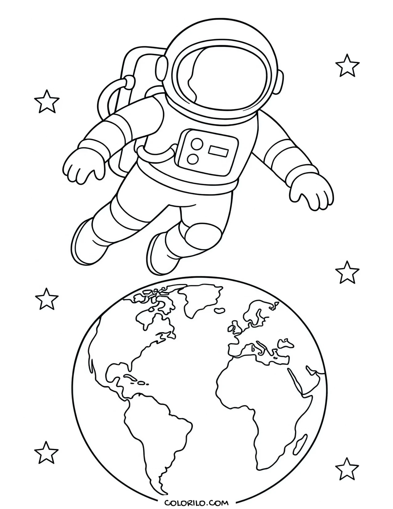 An astronaut floating above Earth coloring page