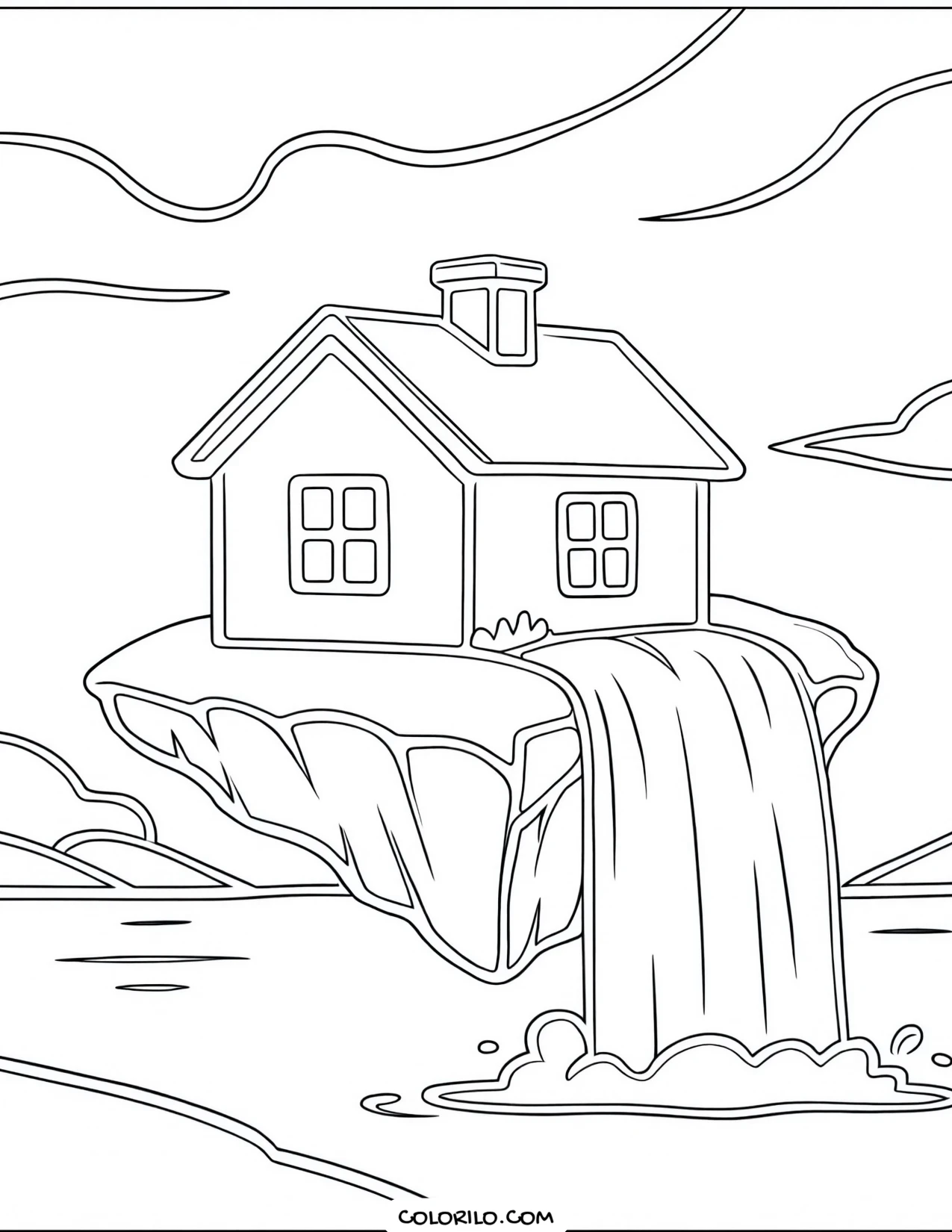 A house on a floating island with a waterfall coloring page