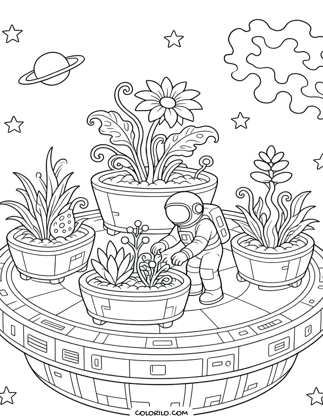 A garden floating in space coloring page
