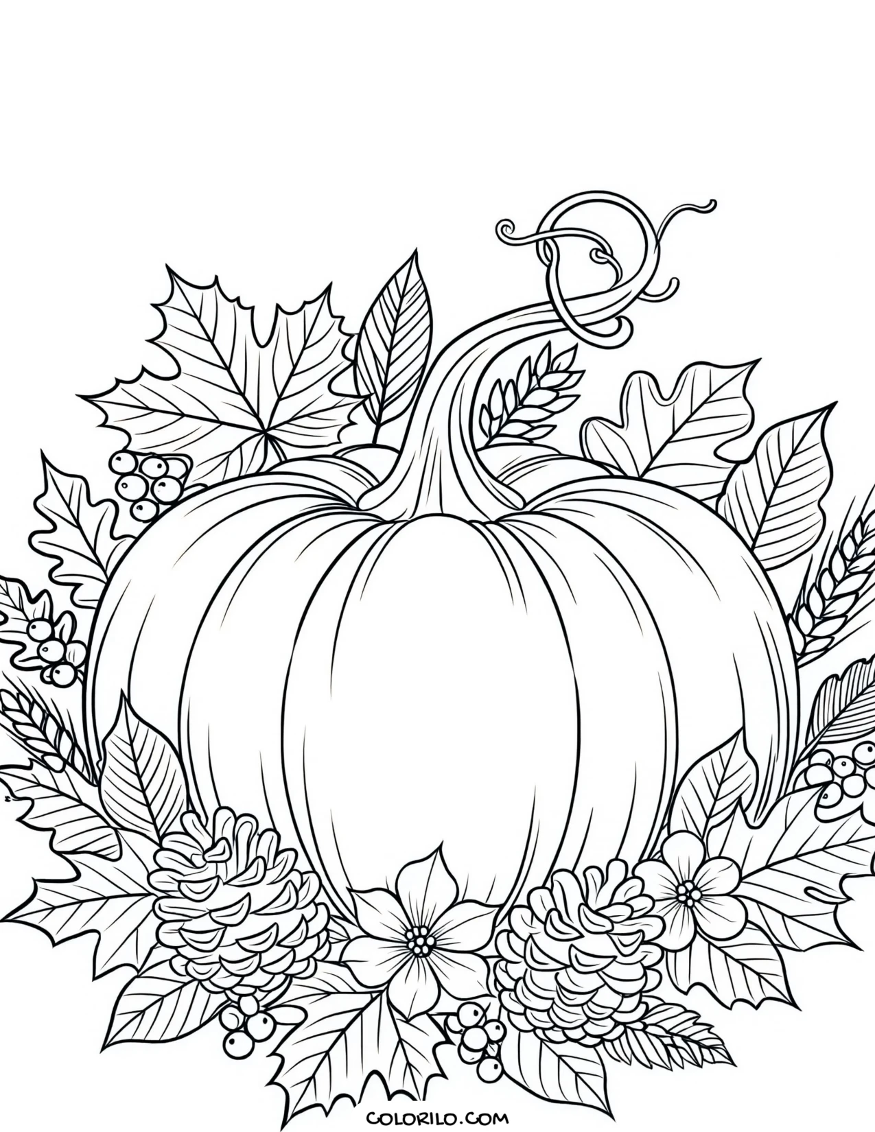 A wreath of pumpkins and autumn flowers coloring page