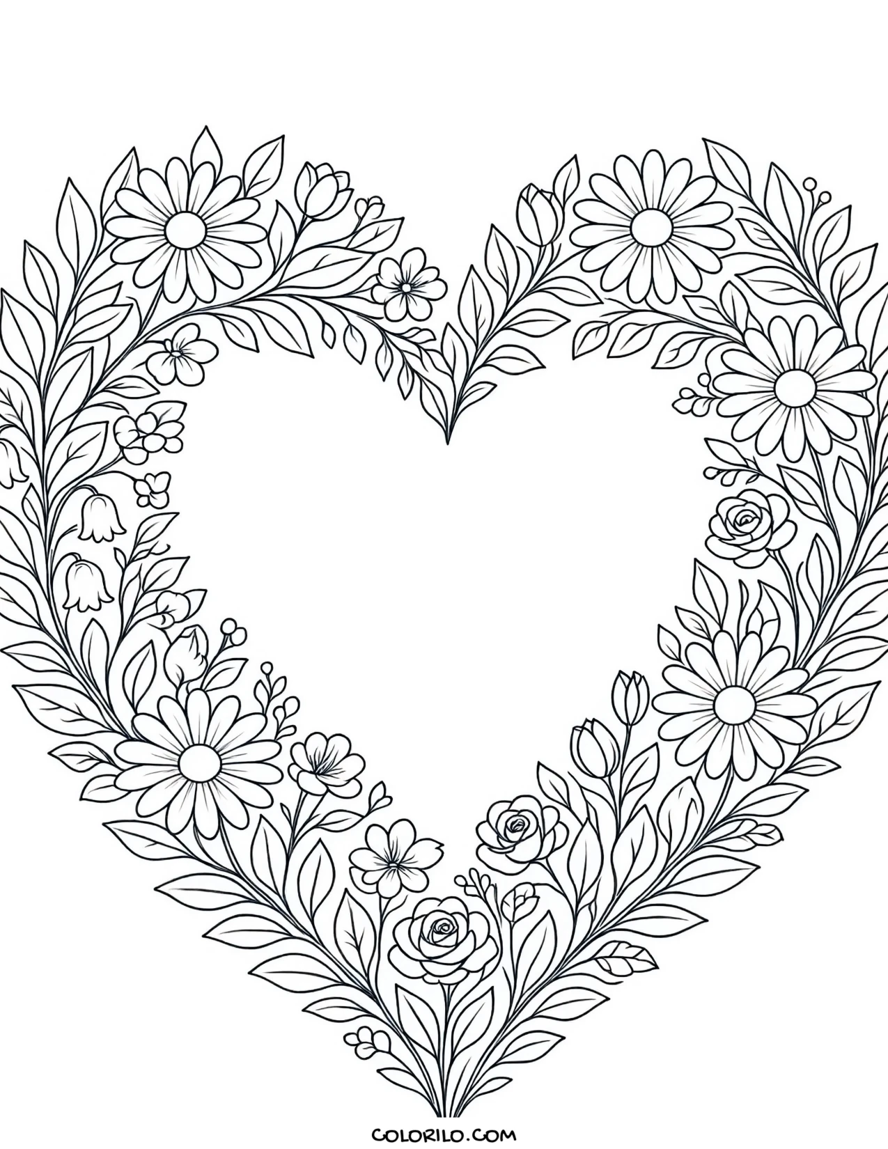 A heart-shaped wreath of flowers coloring page