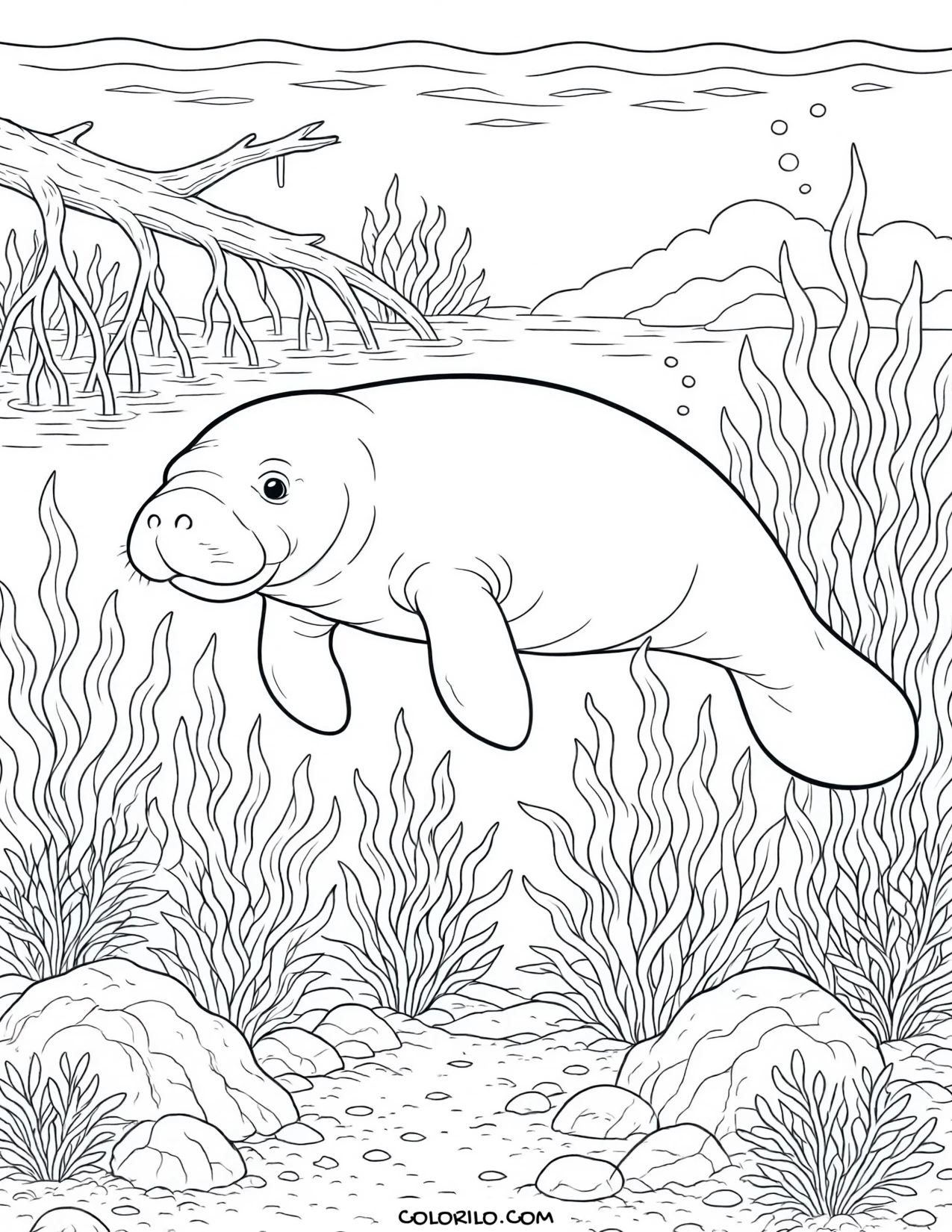 A Florida manatee in a seagrass lagoon coloring page