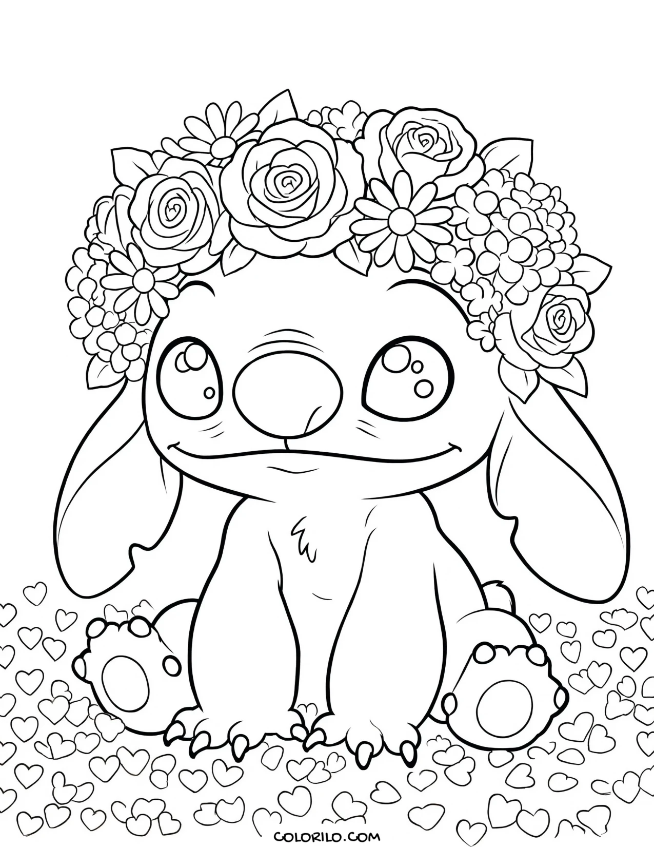 Stitch wearing a crown of flowers coloring page