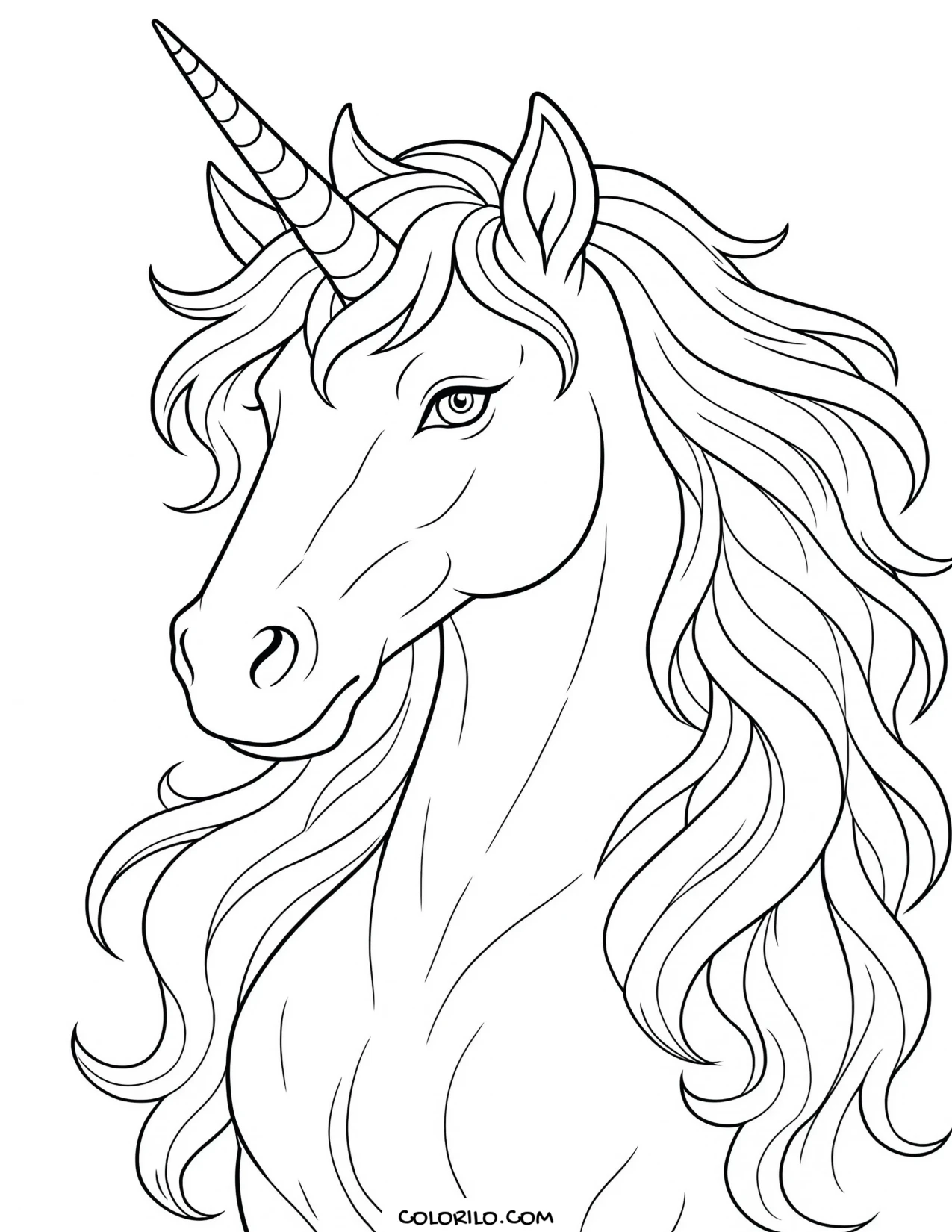 A unicorn bust with a long flowing mane coloring page