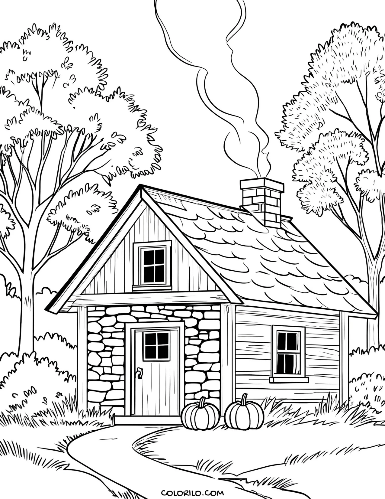 A forest cottage with smoke rising from the chimney coloring page