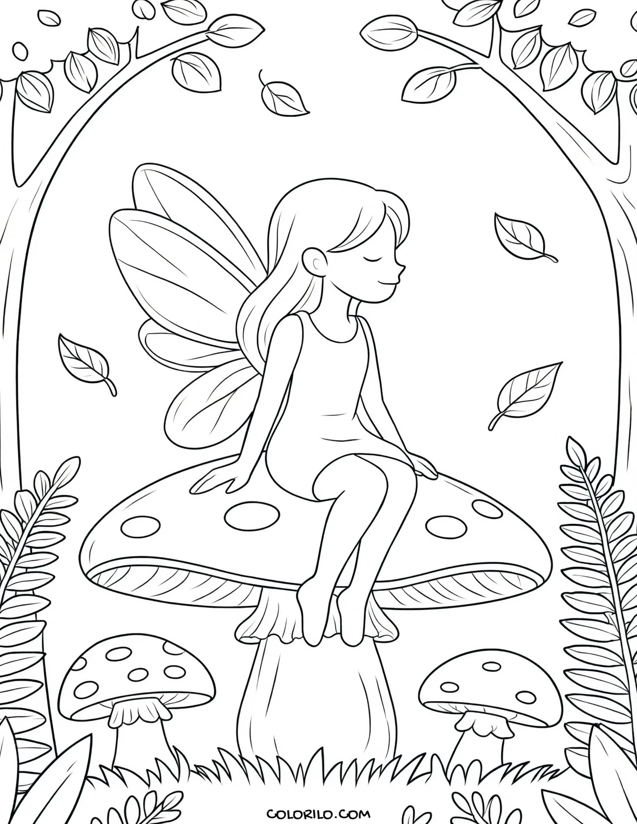 A forest fairy among toadstools coloring page
