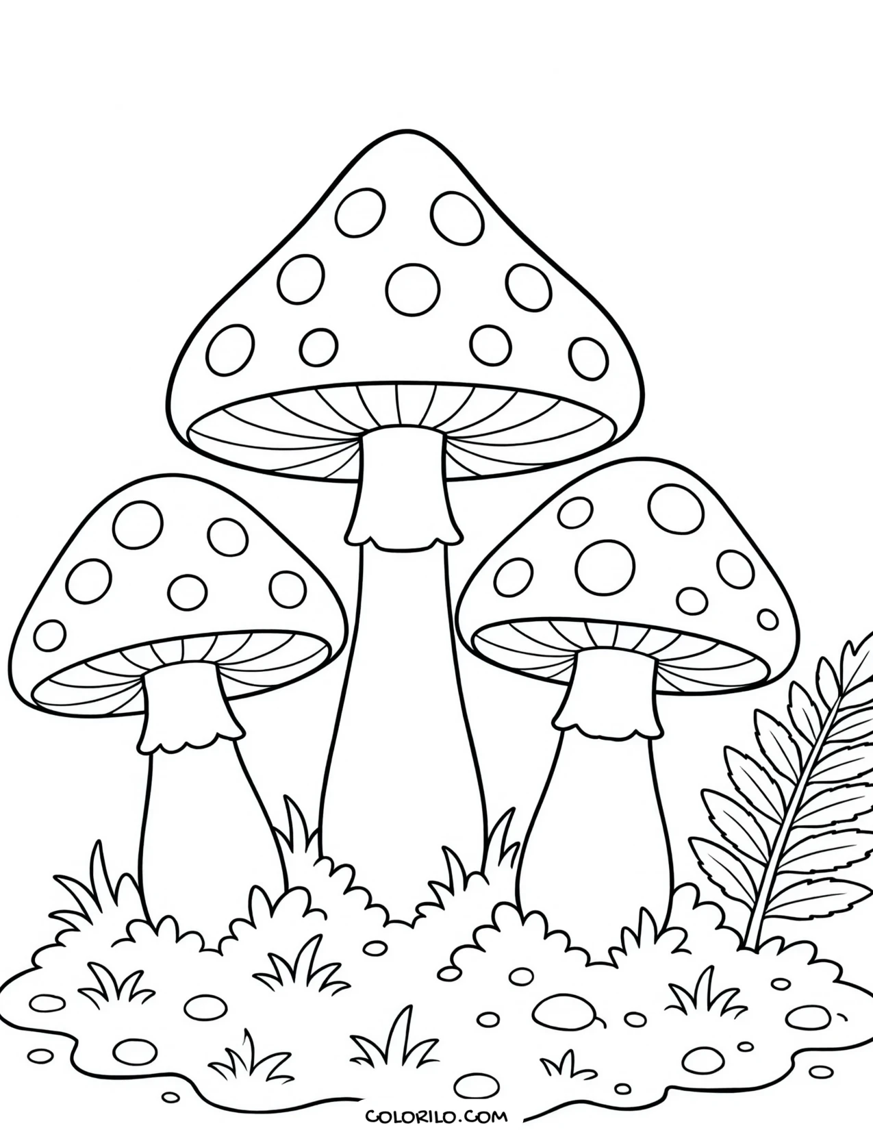 a cluster of mushrooms on the forest floor coloring page