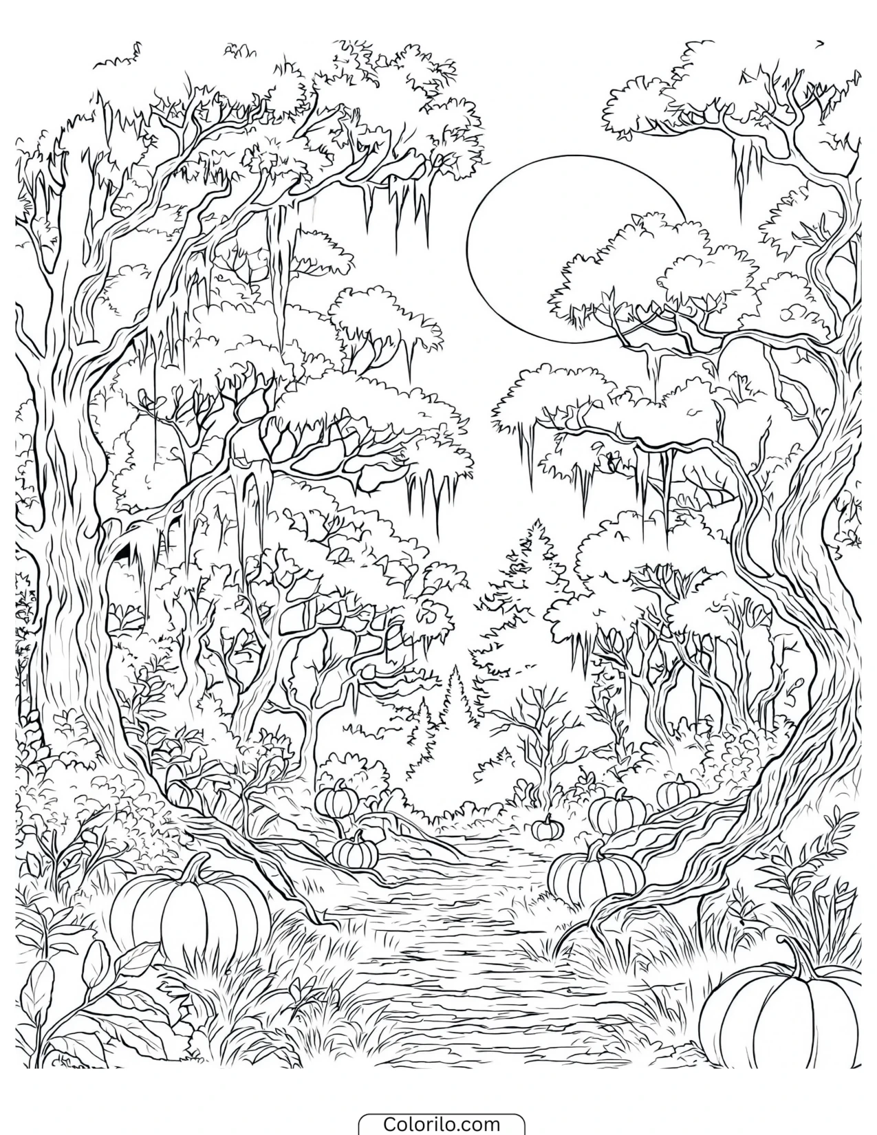 Forest path lined with pumpkins coloring page