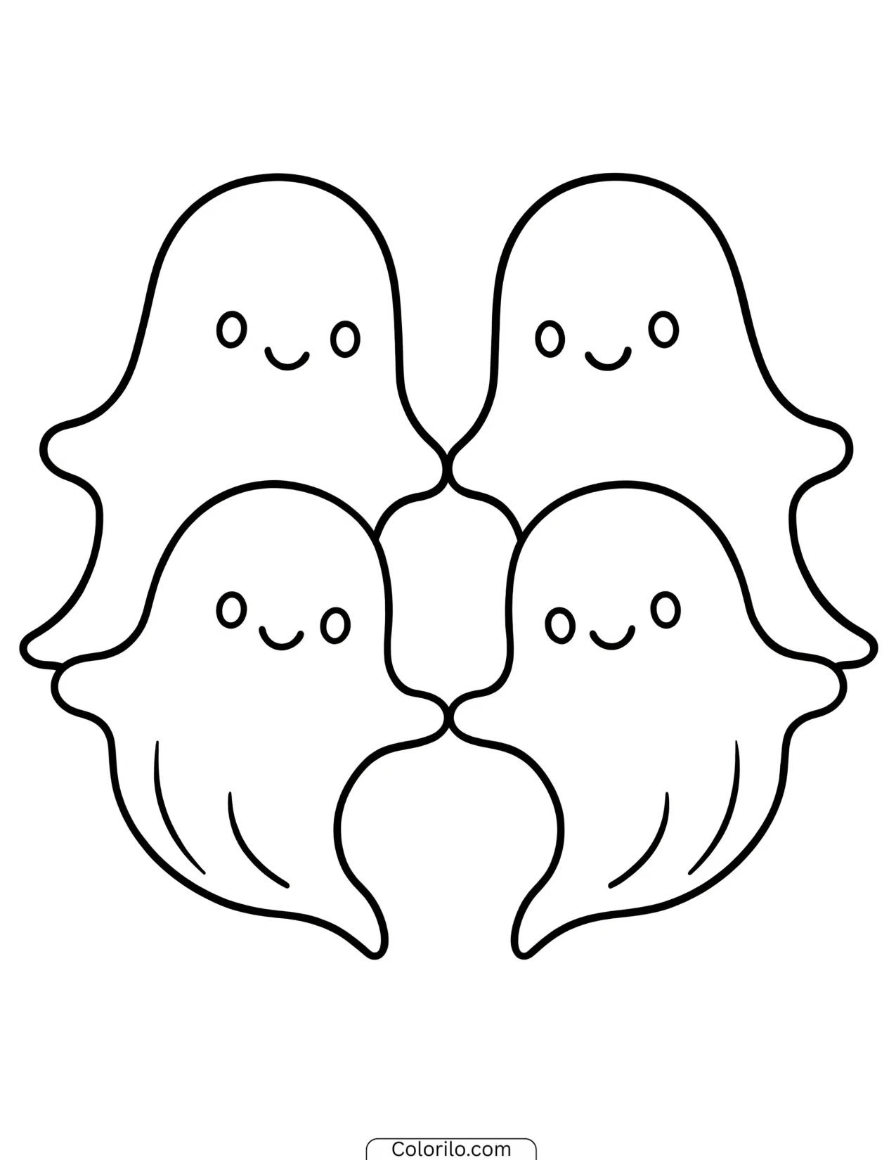 Four smiling ghosts together coloring page