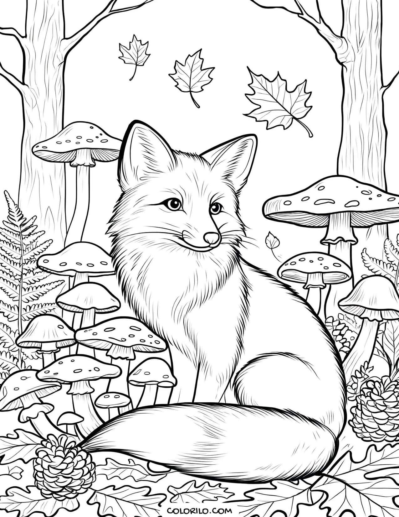 A fox walking among woodland mushrooms coloring page