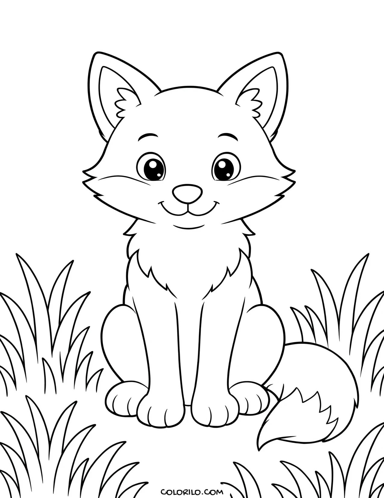 a red fox sitting in long grass coloring page