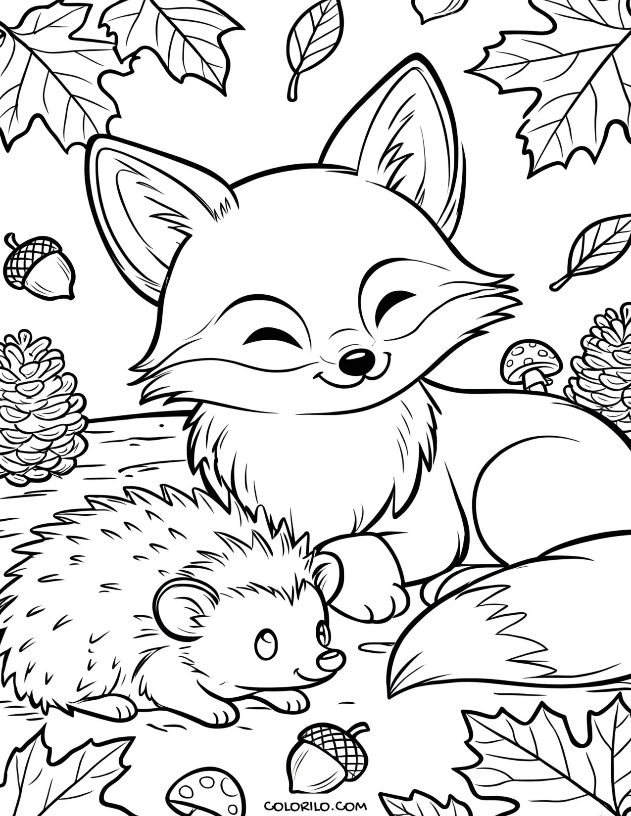 A fox and a hedgehog together coloring page