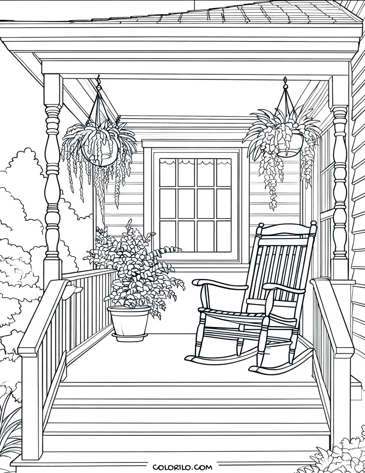 A front porch with a rocking chair coloring page