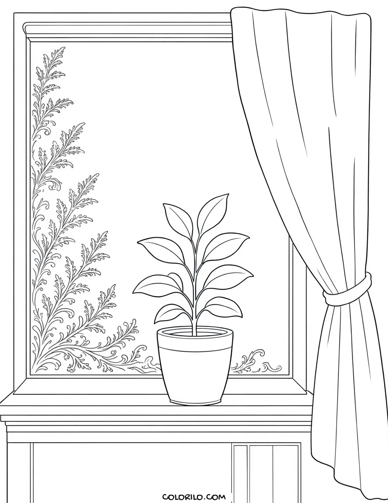 A plant on a frosted windowsill coloring page
