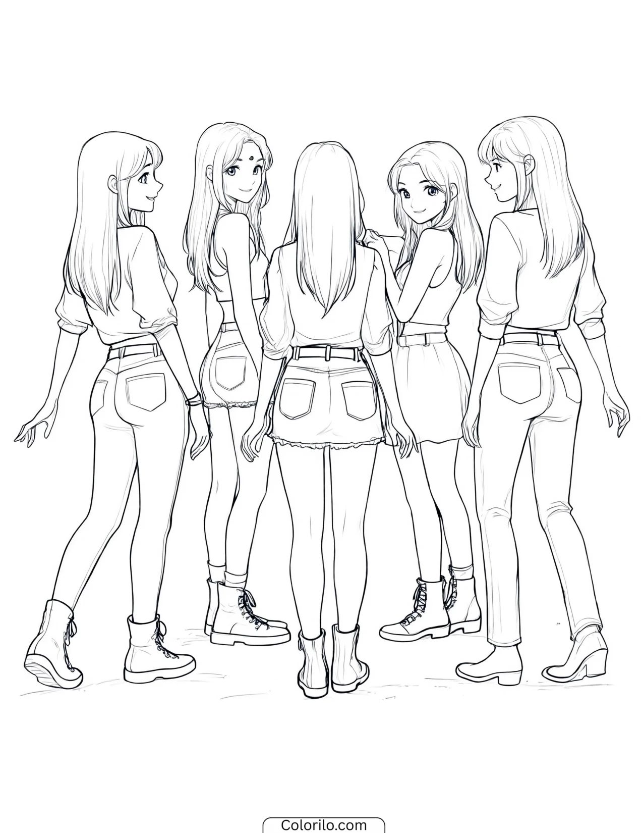 KATSEYE gathered in a casual circle coloring page