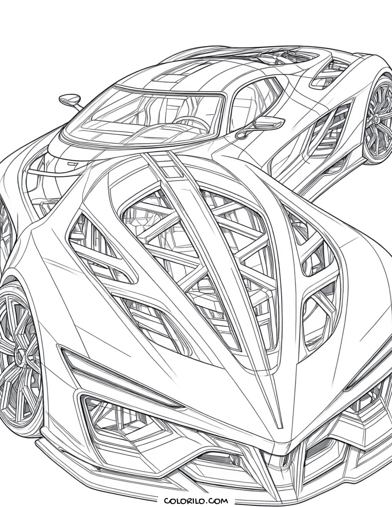 A futuristic hypercar seen from the front coloring page