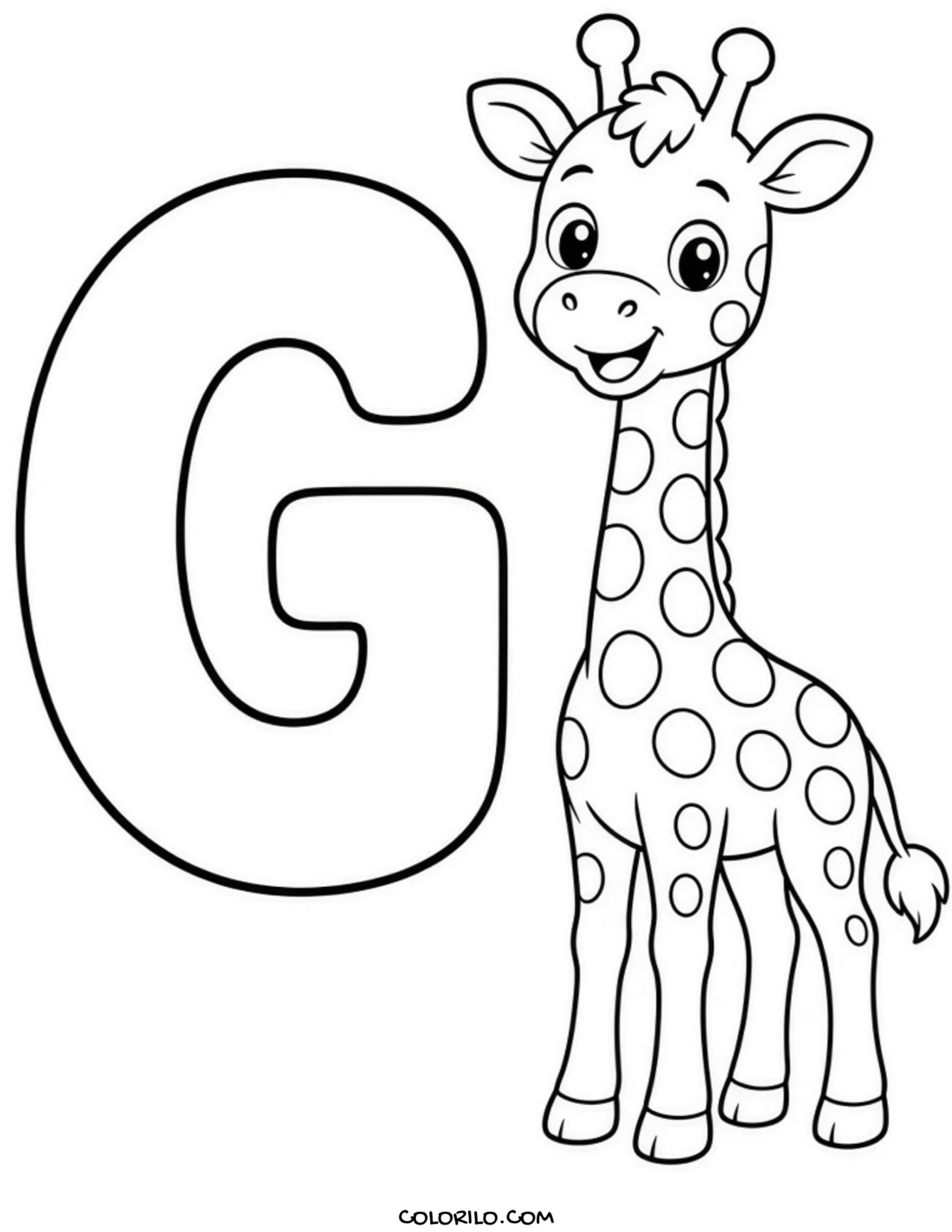 The letter G with a giraffe coloring page