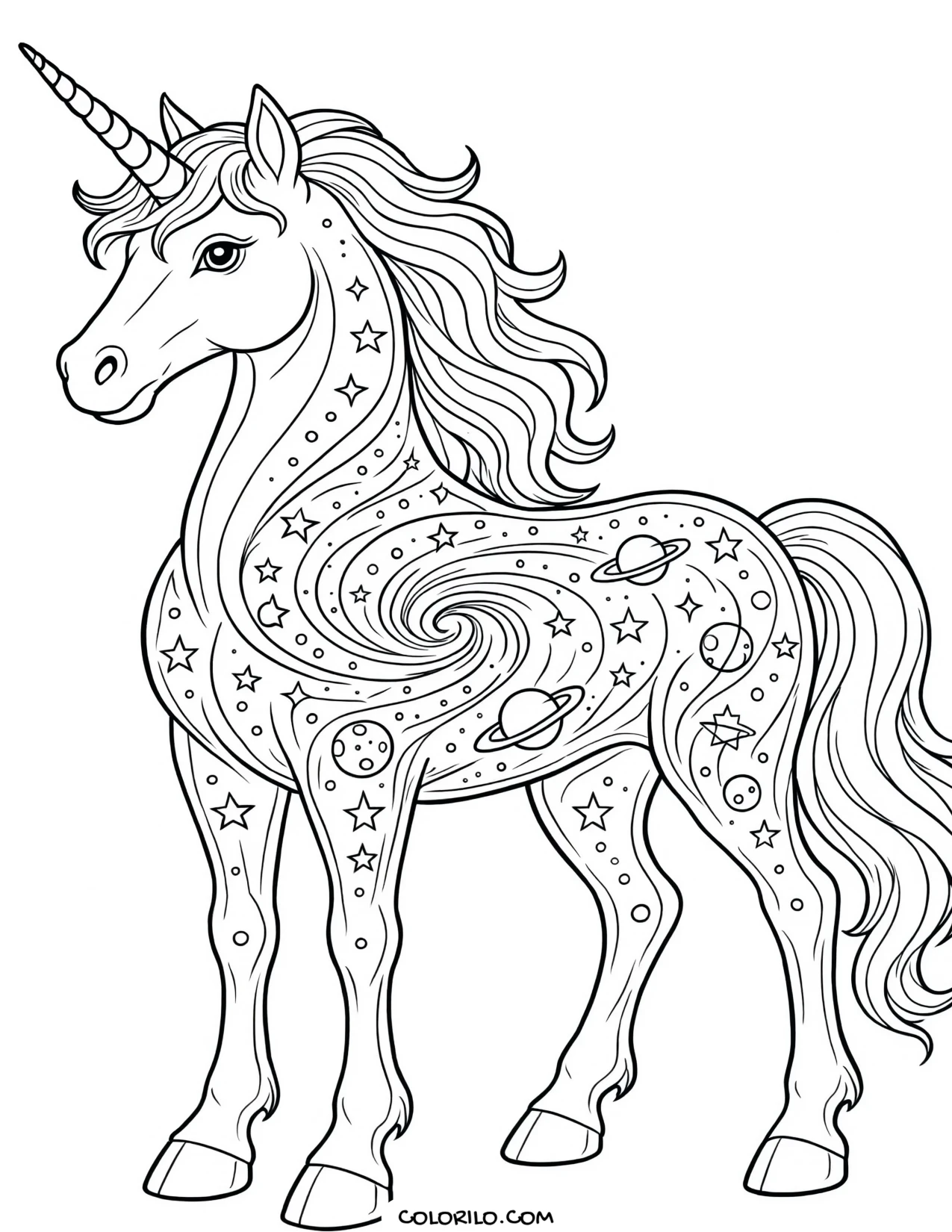 A unicorn patterned with stars and galaxies coloring page