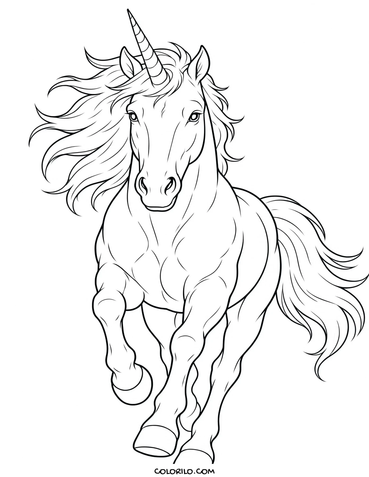 A unicorn galloping toward the viewer coloring page
