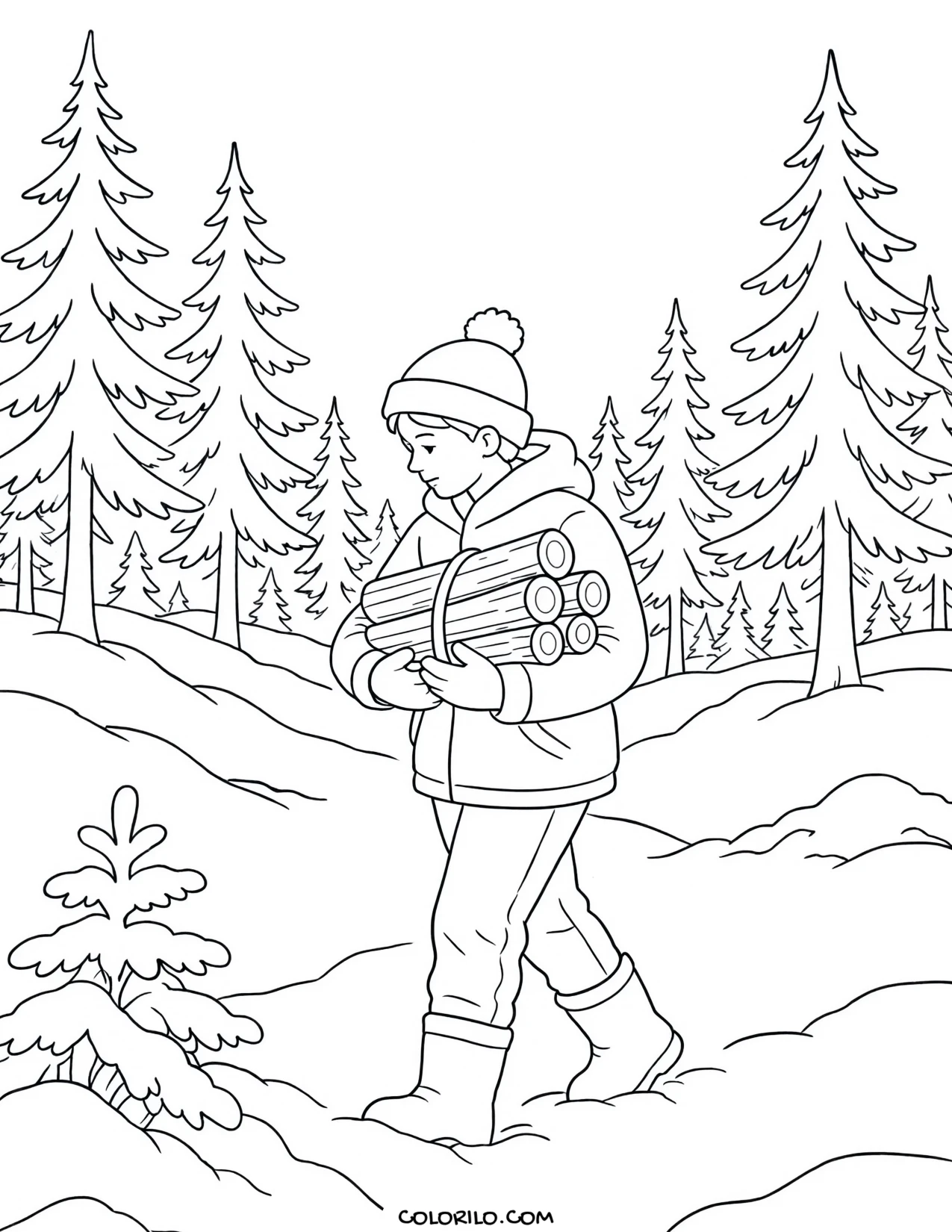 Gathering firewood in the snow coloring page