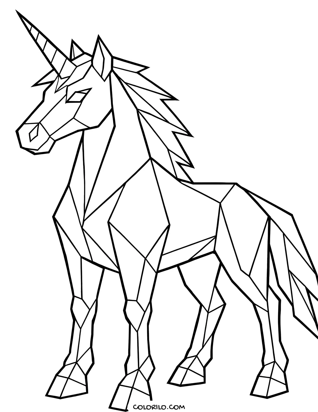 A unicorn drawn in geometric facets coloring page