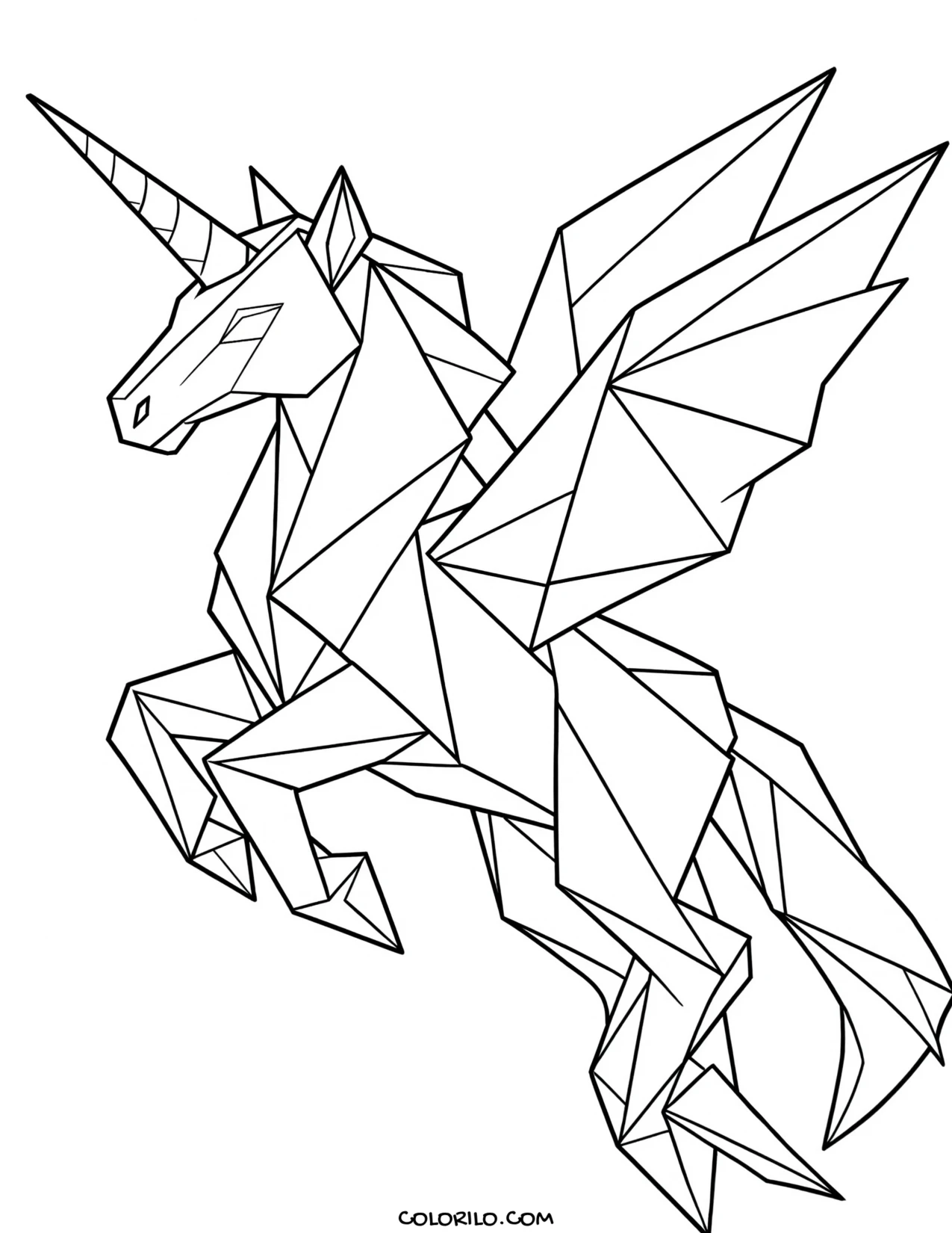A winged unicorn drawn in geometric shapes coloring page