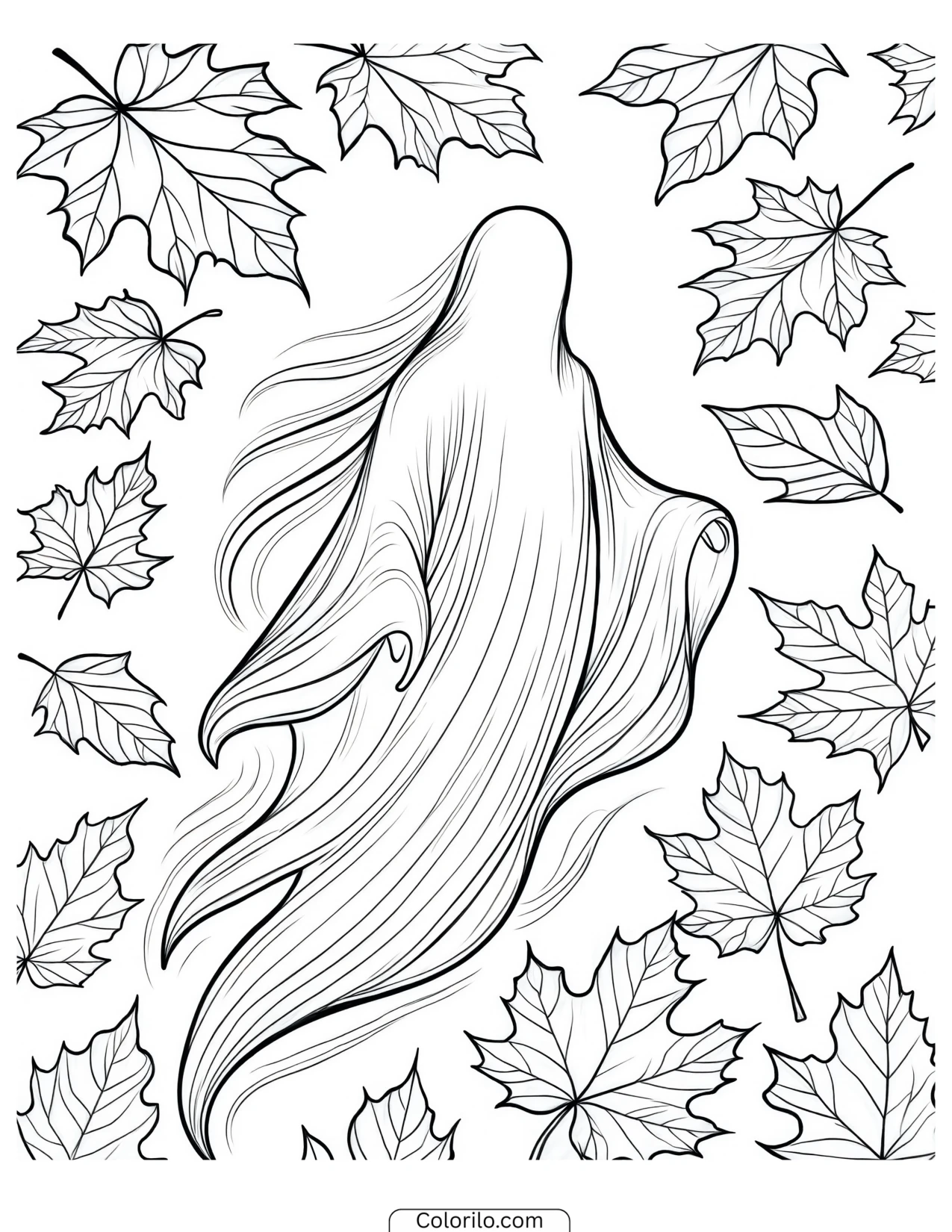 Ghost floating among falling autumn leaves coloring page