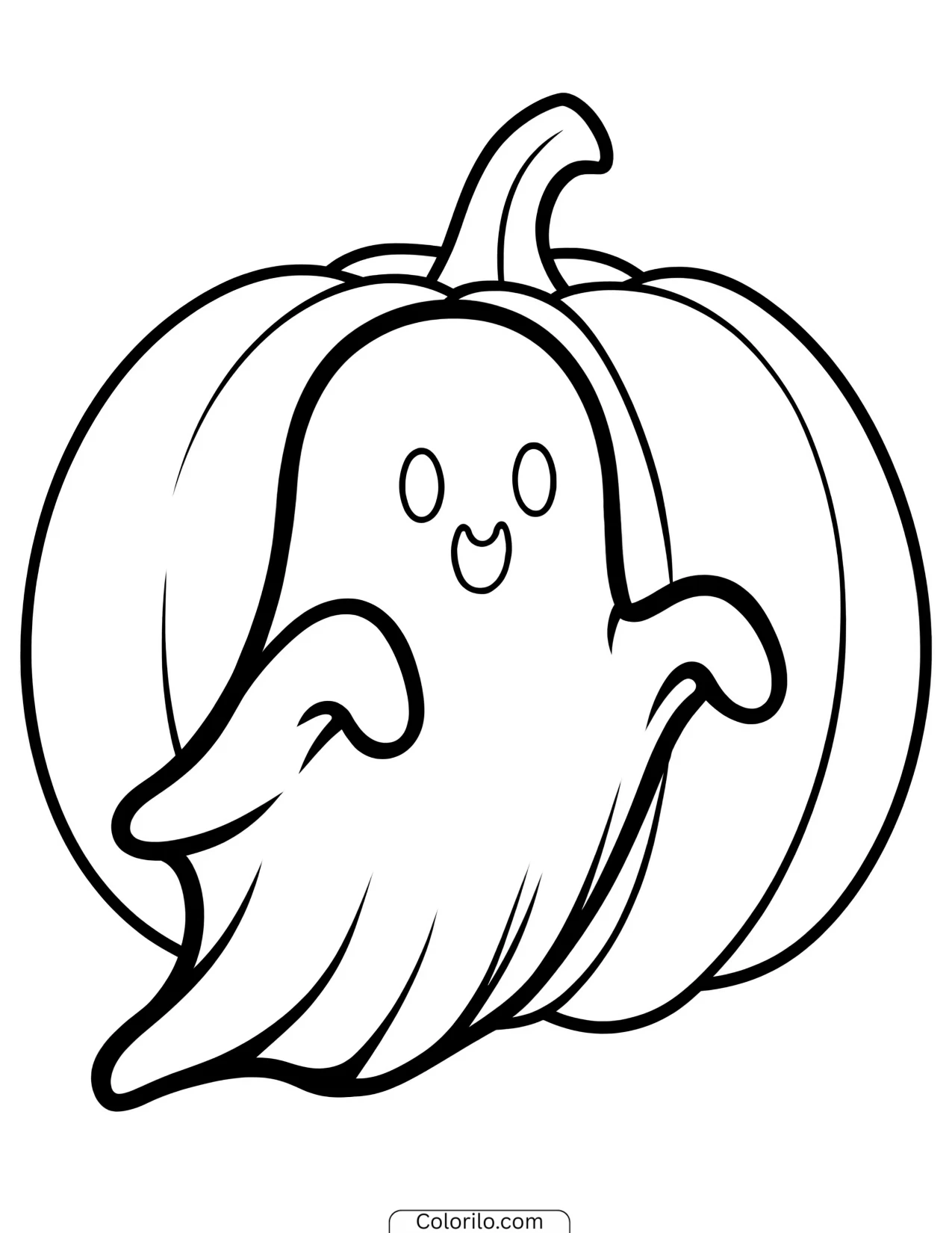 Ghost floating in front of a pumpkin coloring page