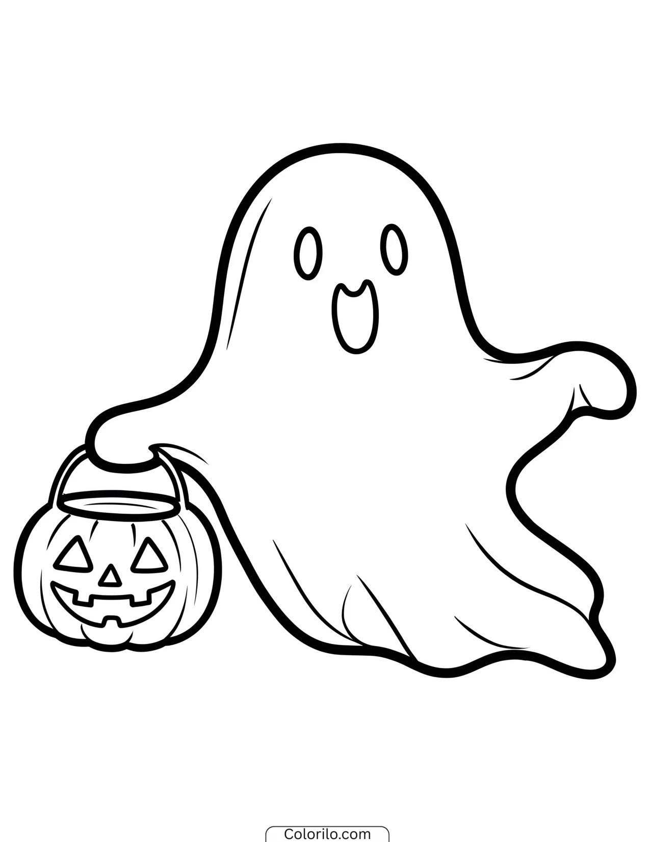Ghost holding a pumpkin candy bucket coloring page