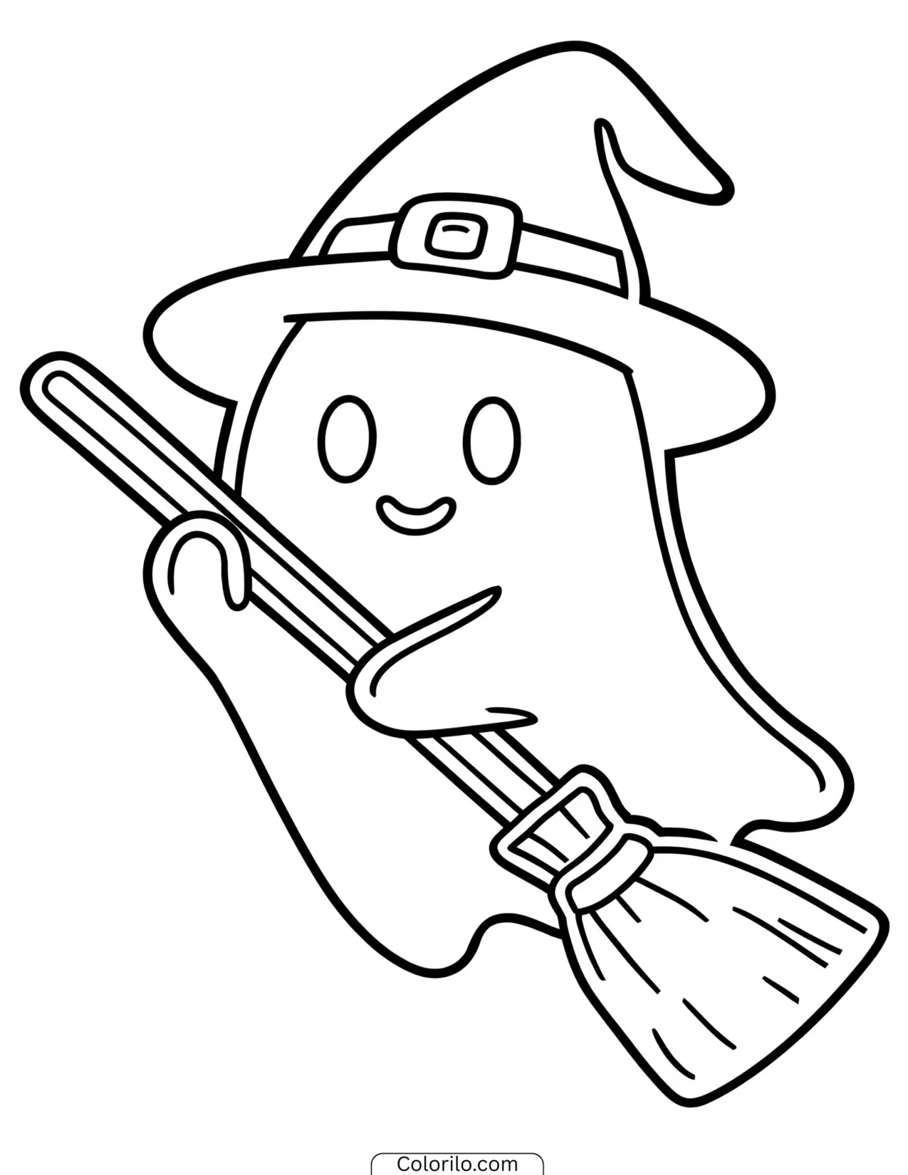 Ghost wearing a witch hat and holding a broom coloring page
