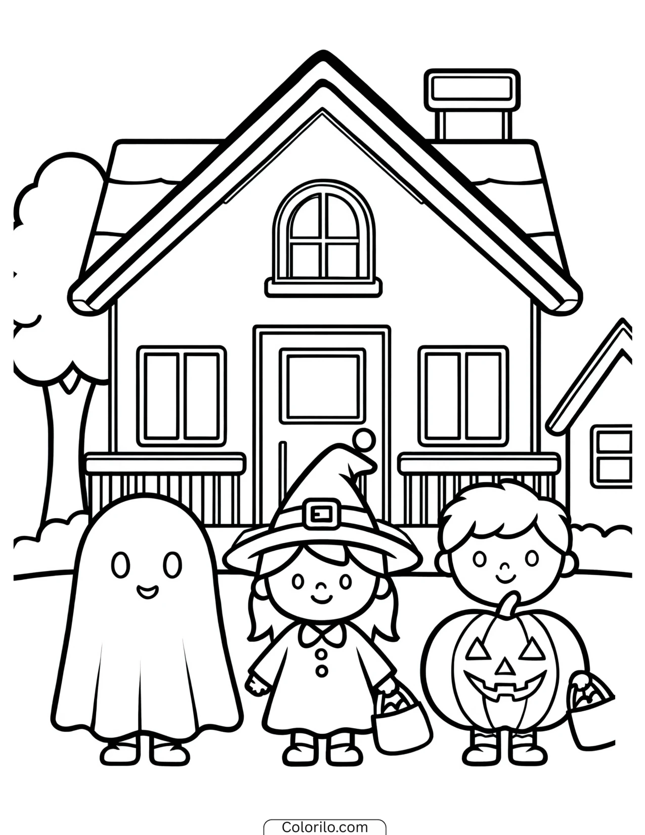 A ghost, a witch and a pumpkin out trick-or-treating coloring page