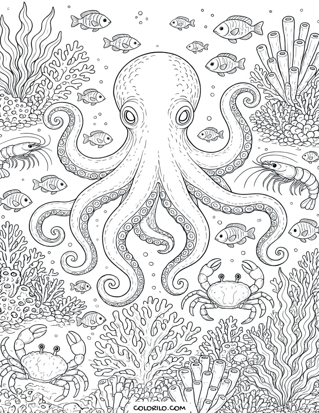 A giant octopus surrounded by reef life coloring page