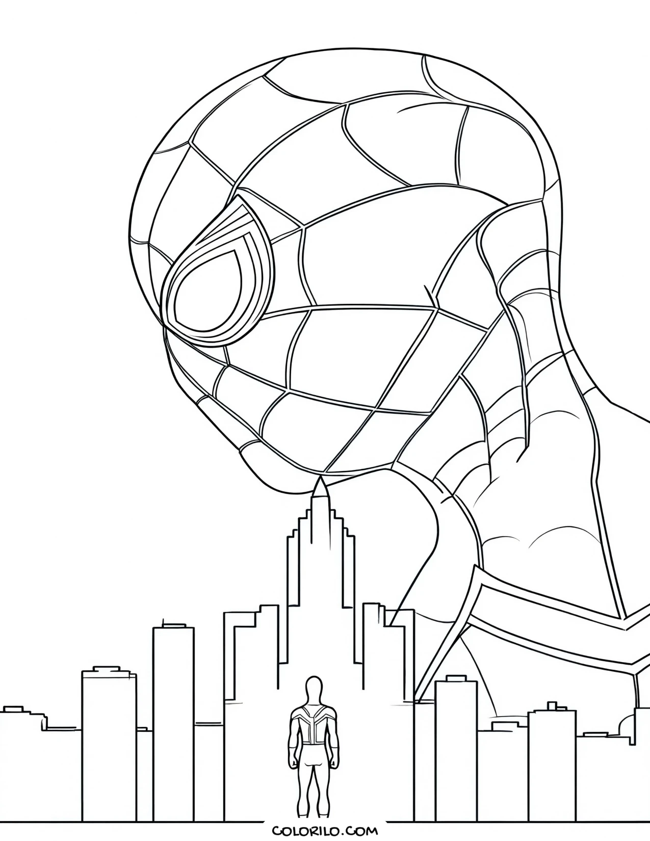 Spider-Man towering over the city skyline coloring page