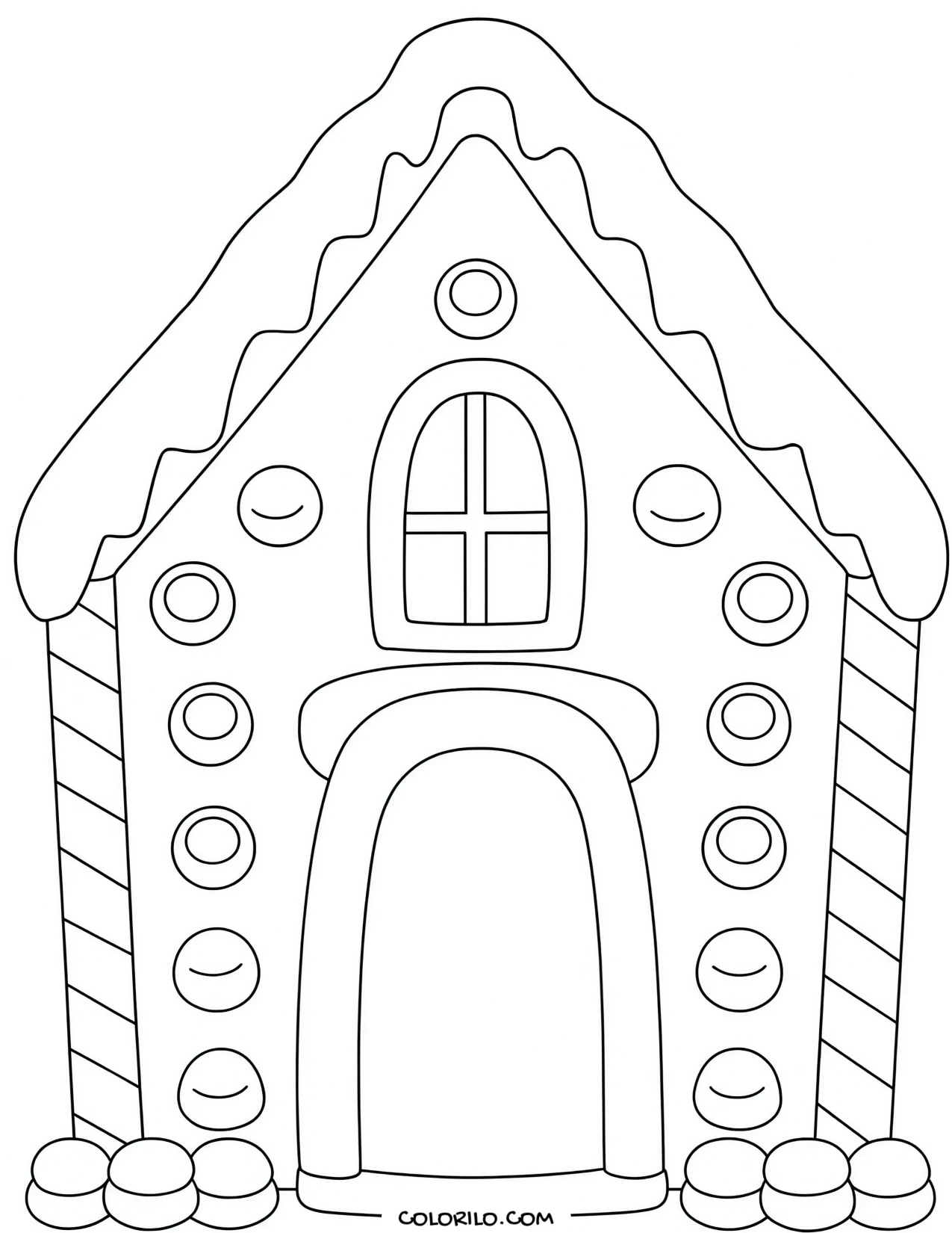 A gingerbread house with candy pillars coloring page