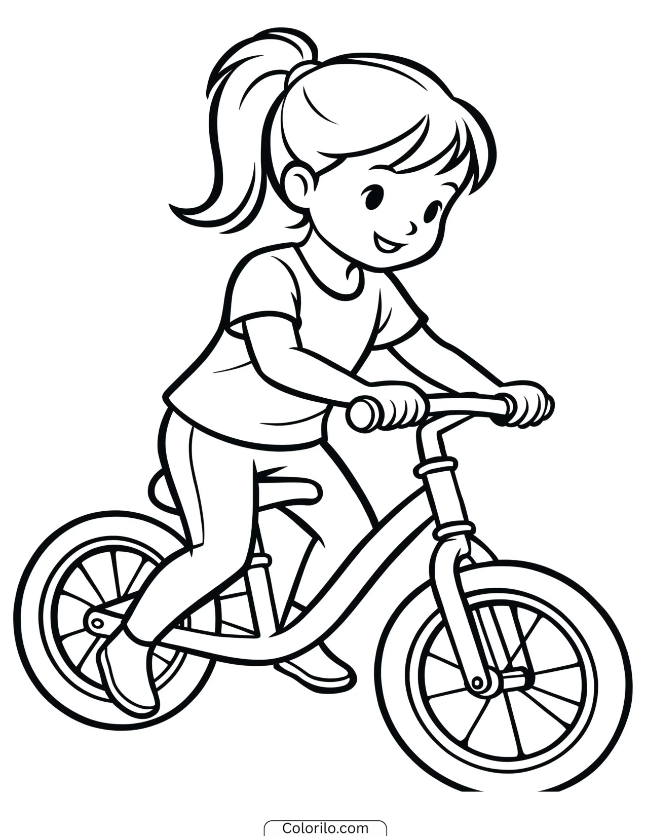 A young girl on a balance bike coloring page