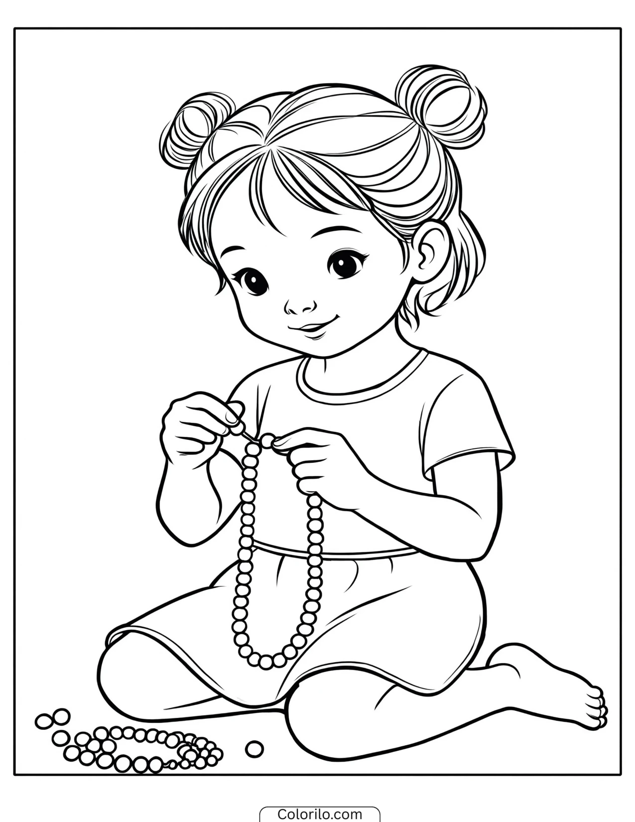 A girl threading a beaded necklace coloring page