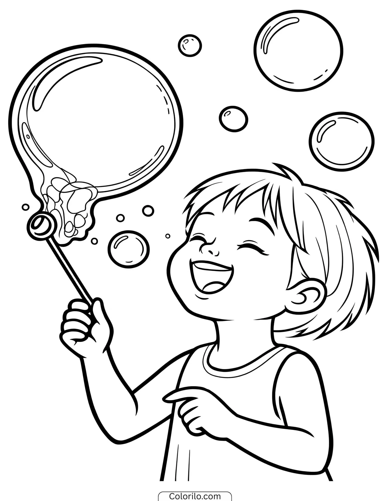A girl blowing soap bubbles coloring page