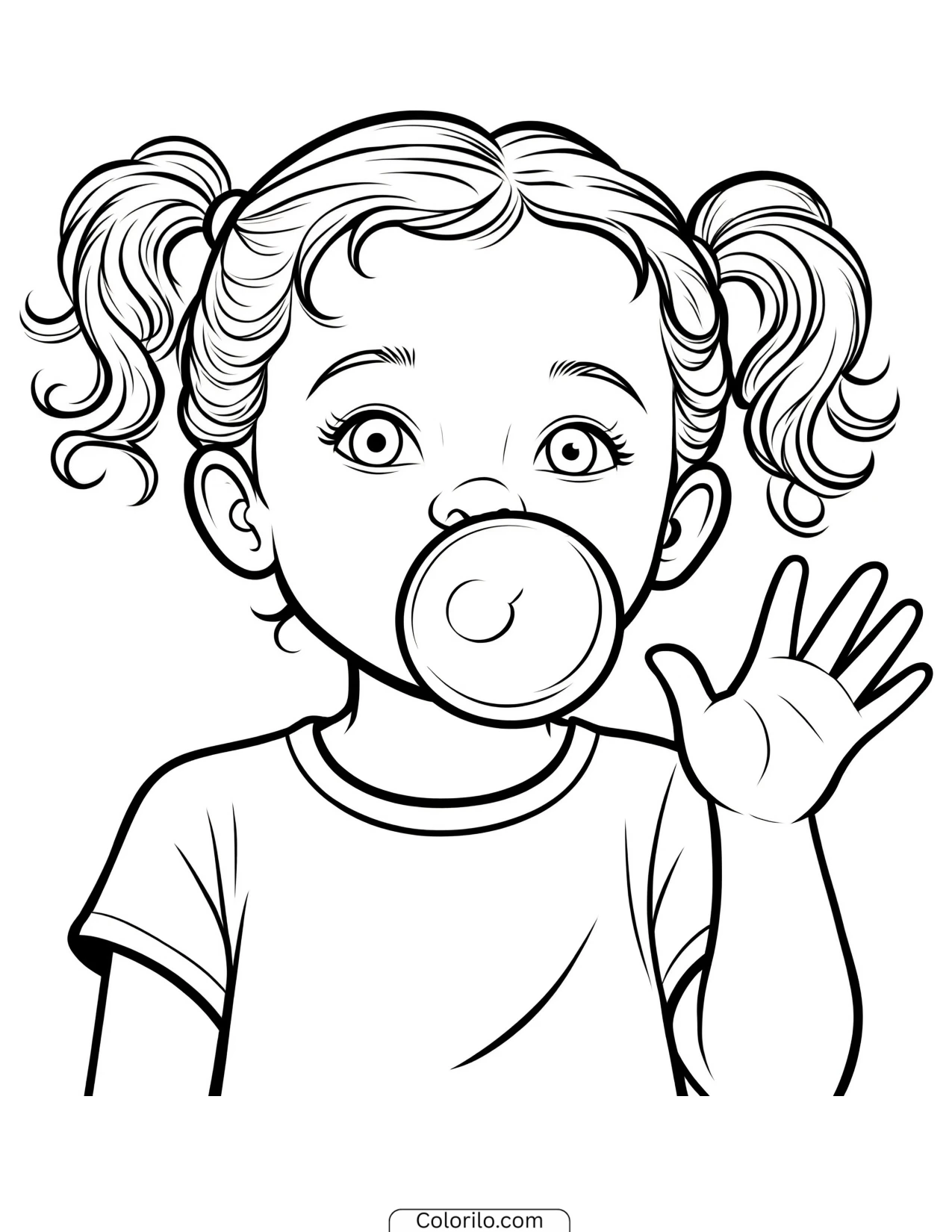 A girl blowing a bubble with chewing gum coloring page