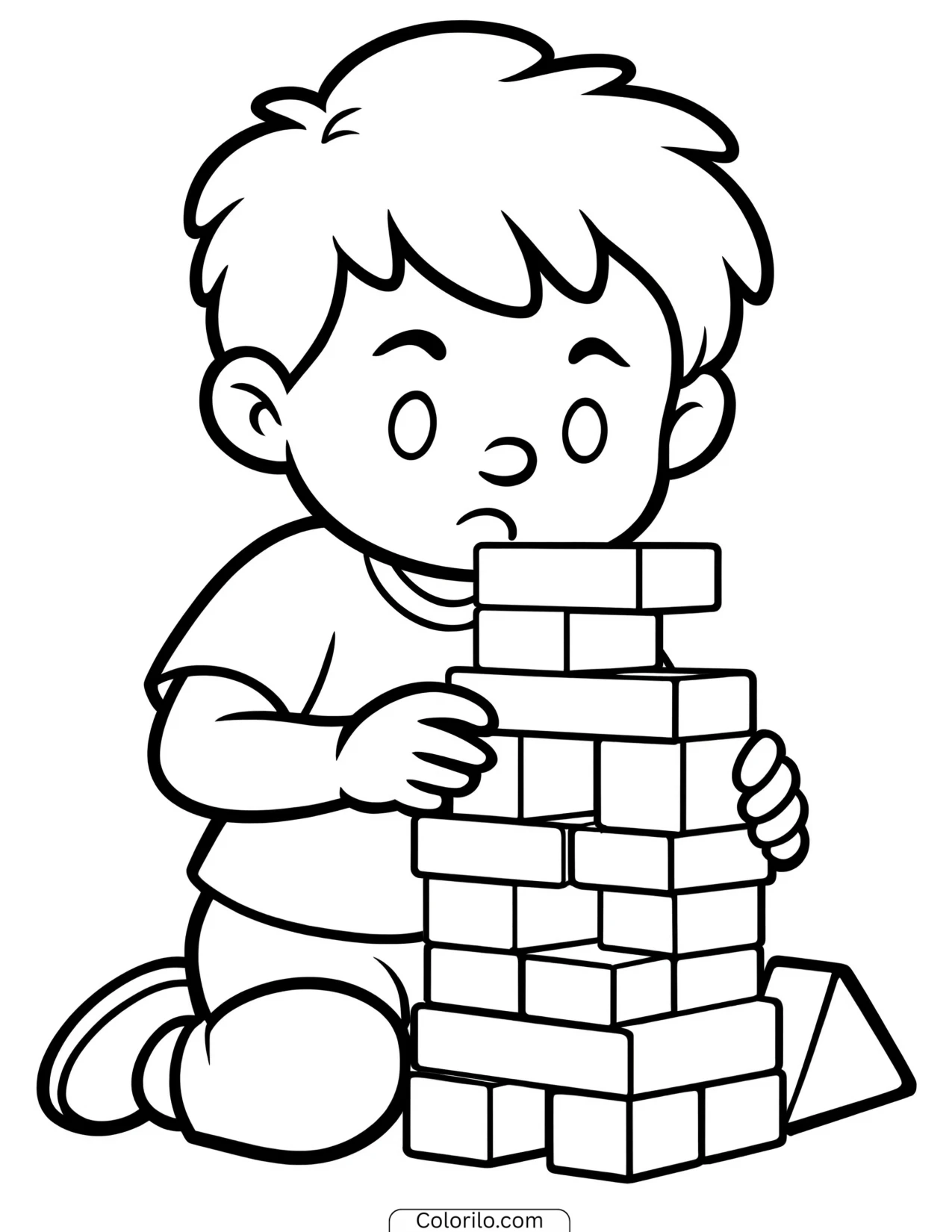 A girl building a tower of blocks coloring page
