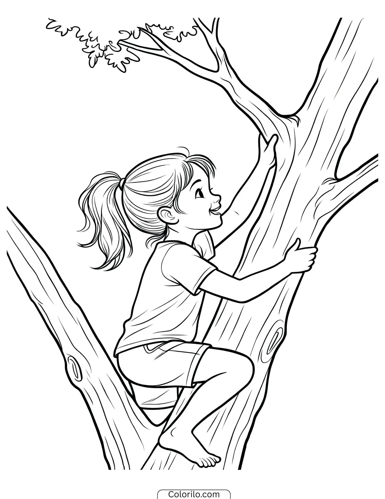 A girl climbing a tree coloring page