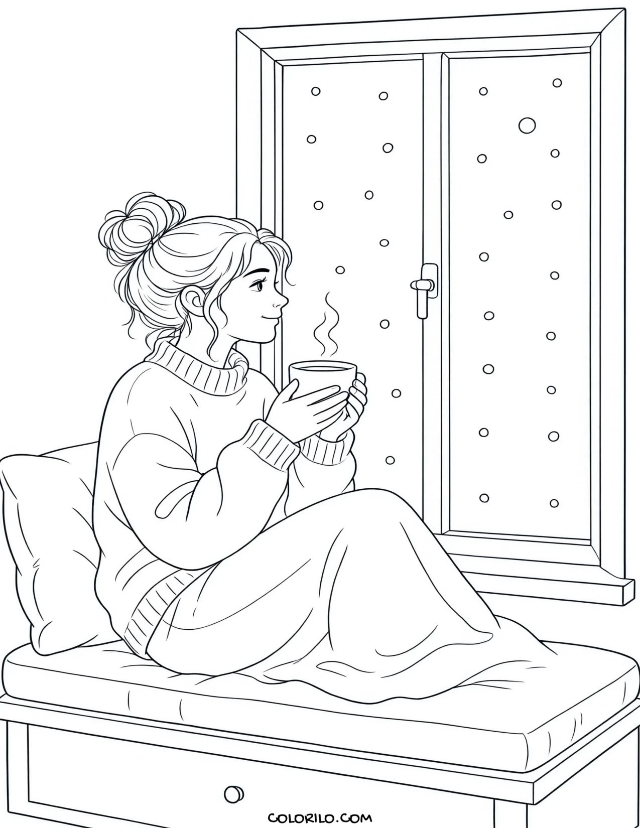 A girl with coffee on a window seat coloring page