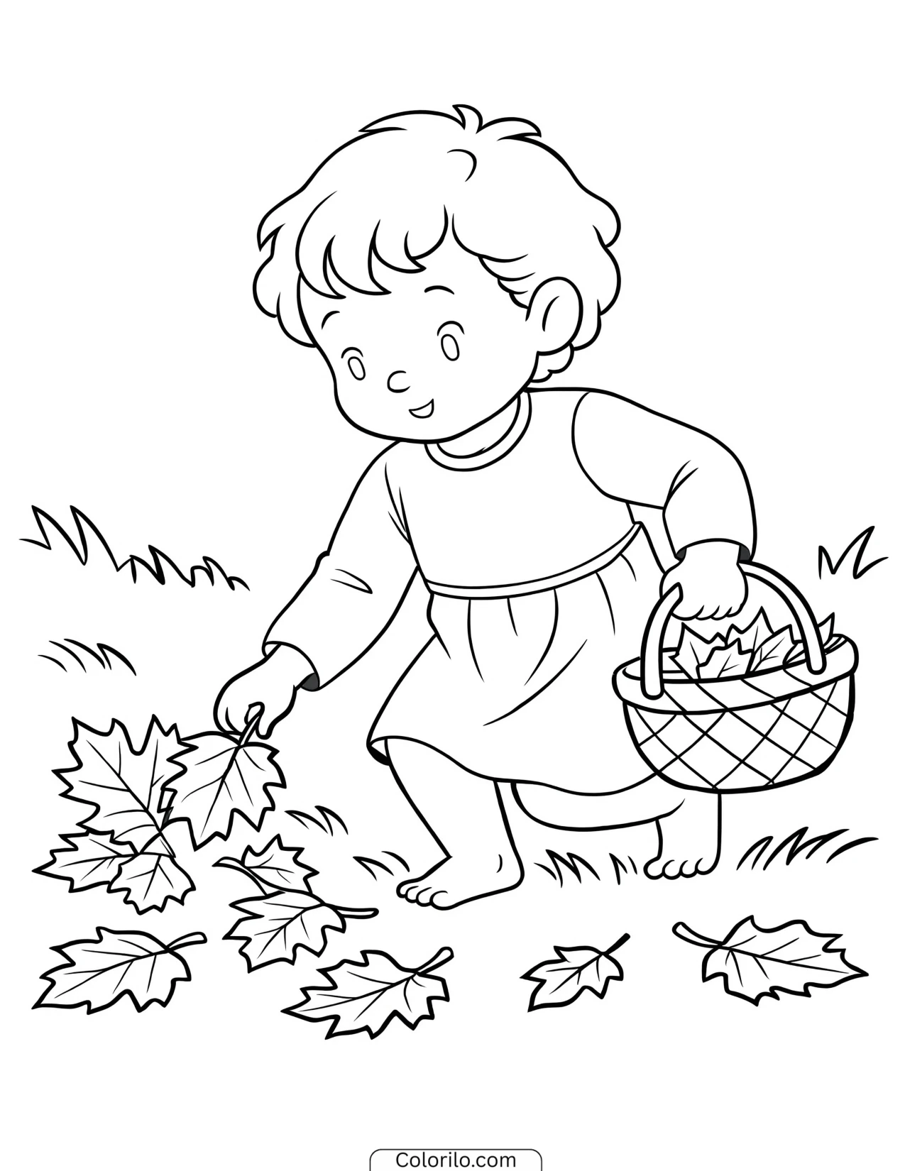 A girl collecting fallen autumn leaves coloring page