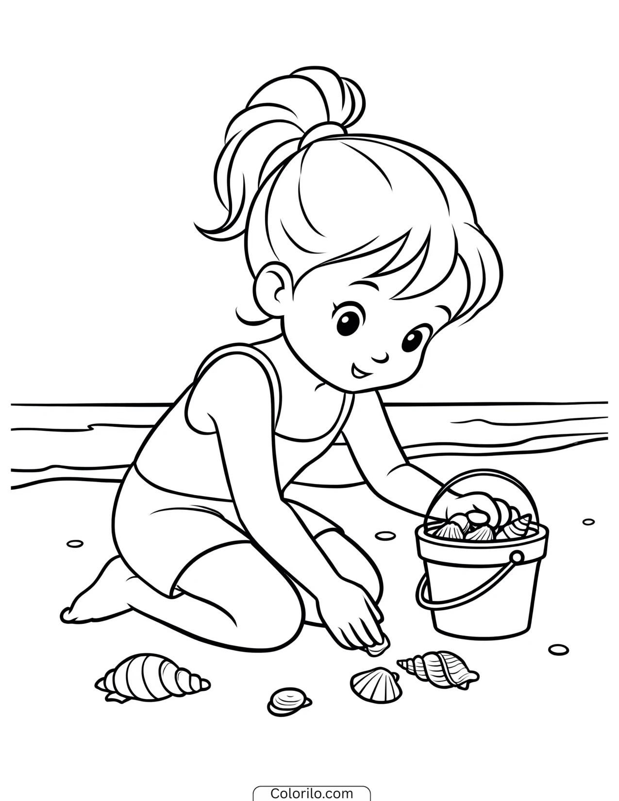 A girl collecting shells along the shore coloring page